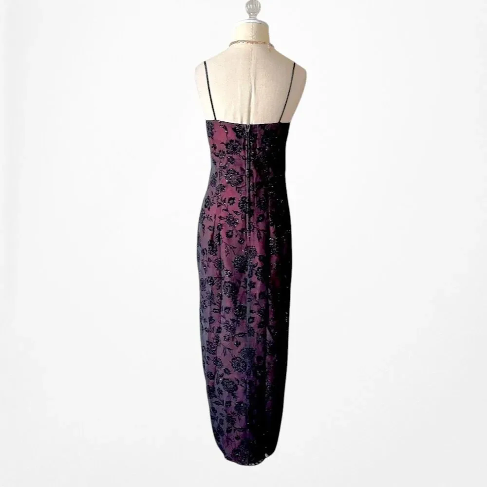 Vintage Y2K Burgundy Red Floral Velvet Side Slit Mesh Bodycon Maxi Prom Dress M